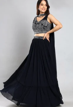 Embroidered Georgette Lehenga in Navy Blue