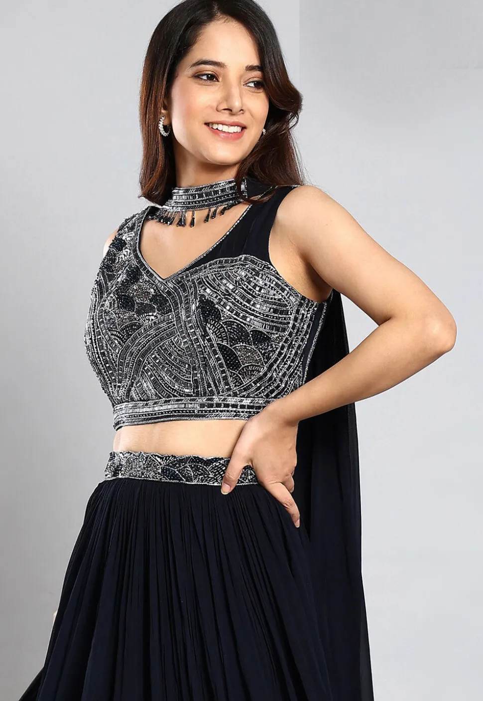 Embroidered Georgette Lehenga in Navy Blue