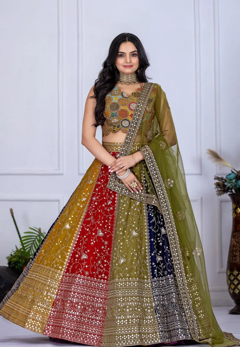 Embroidered Georgette Lehenga in Multicolor