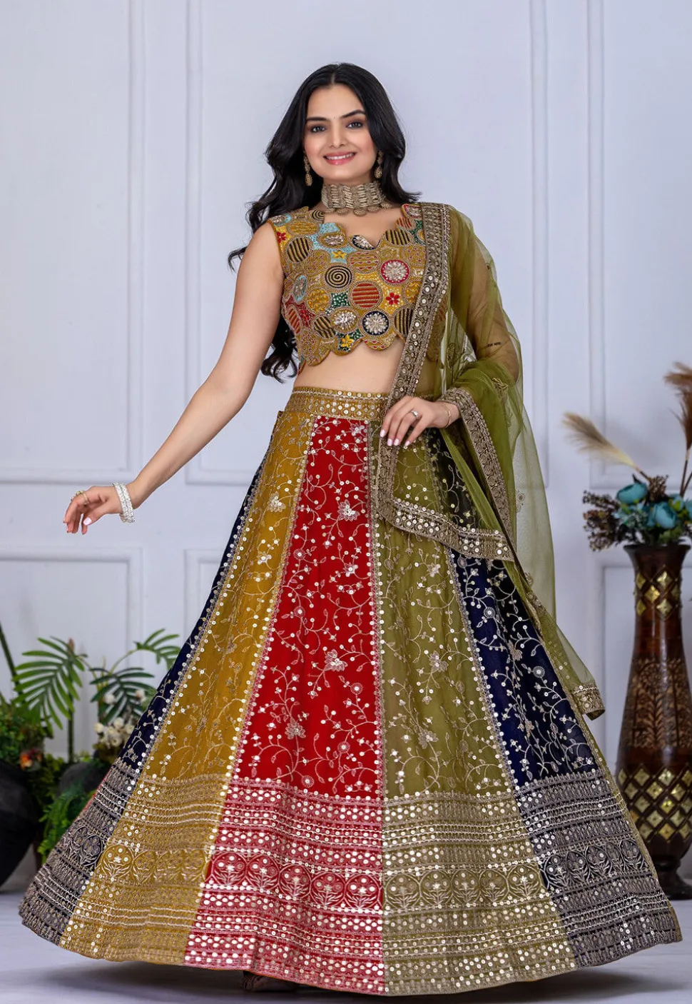 Embroidered Georgette Lehenga in Multicolor
