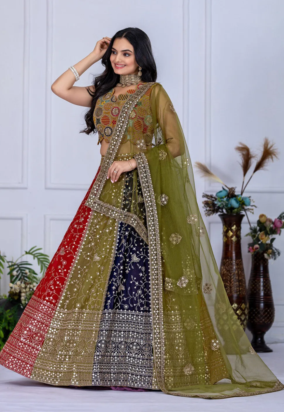 Embroidered Georgette Lehenga in Multicolor