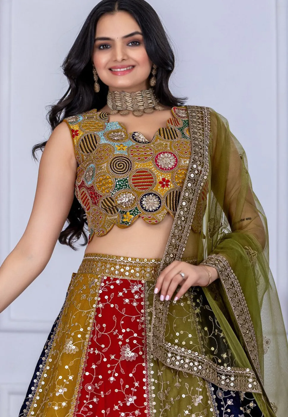 Embroidered Georgette Lehenga in Multicolor