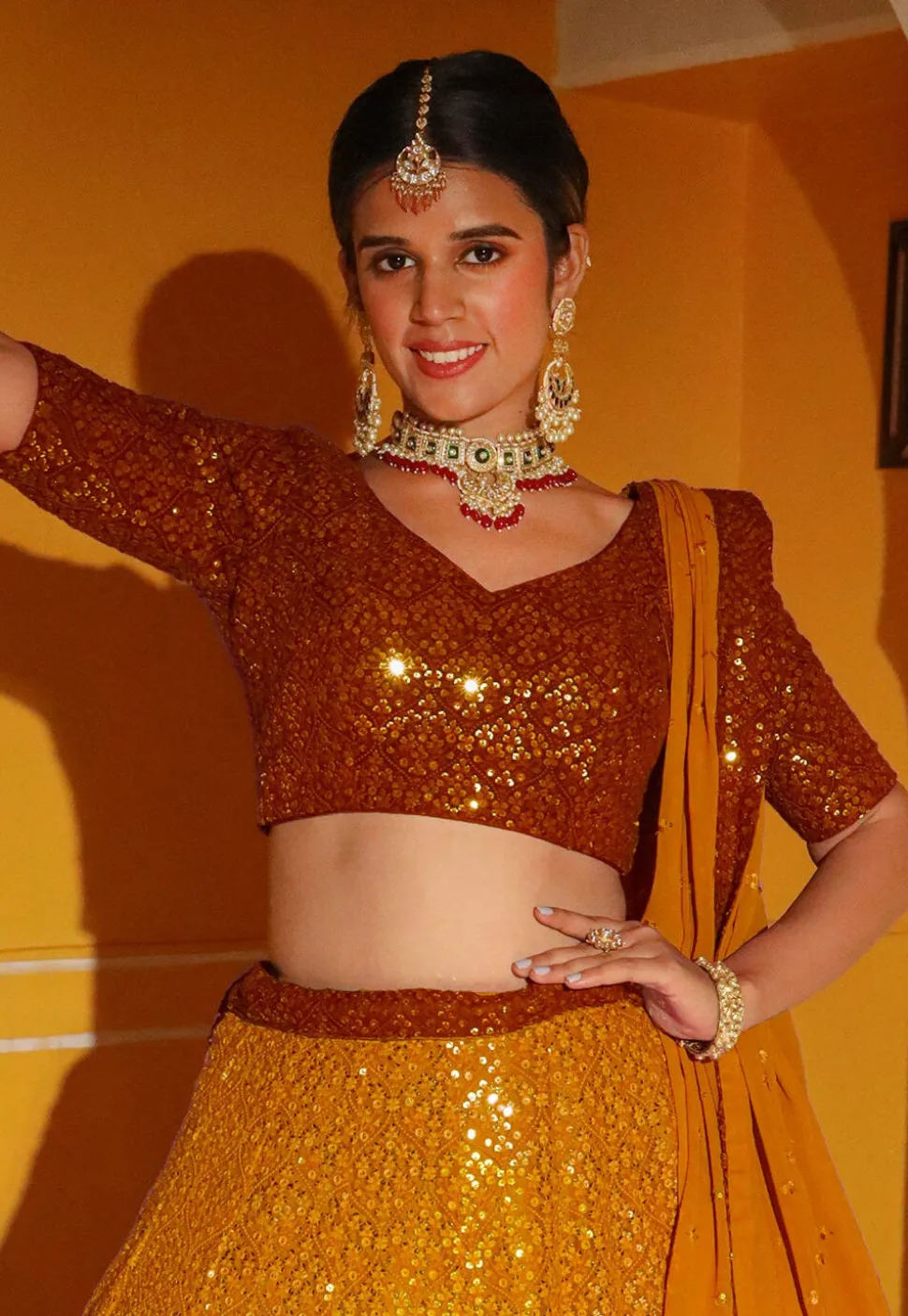 Embroidered Georgette Lehenga in Shaded Mustard and Rust