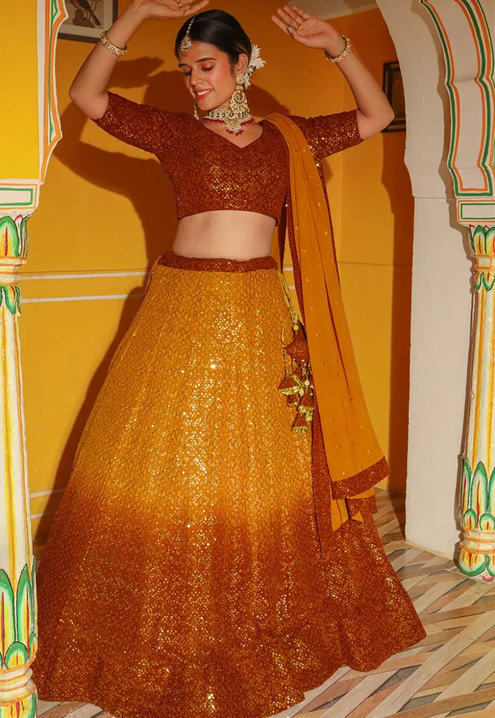 Embroidered Georgette Lehenga in Shaded Mustard and Rust