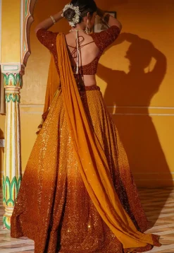 Embroidered Georgette Lehenga in Shaded Mustard and Rust