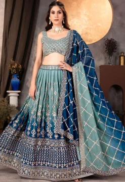 Embroidered Georgette Lehenga in Blue Ombre