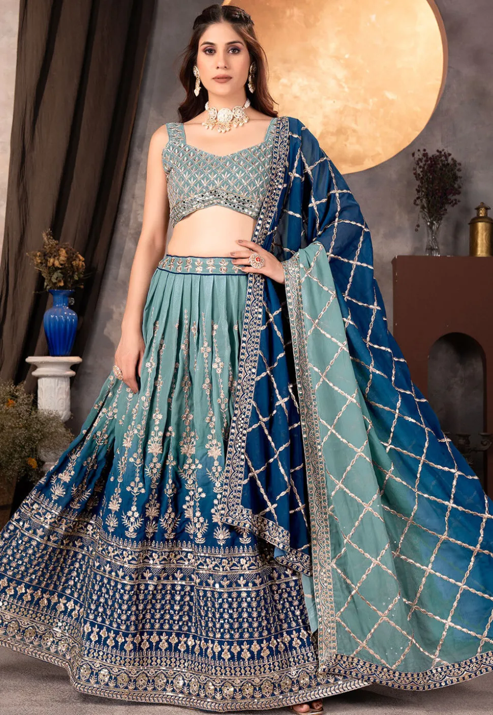 Embroidered Georgette Lehenga in Blue Ombre