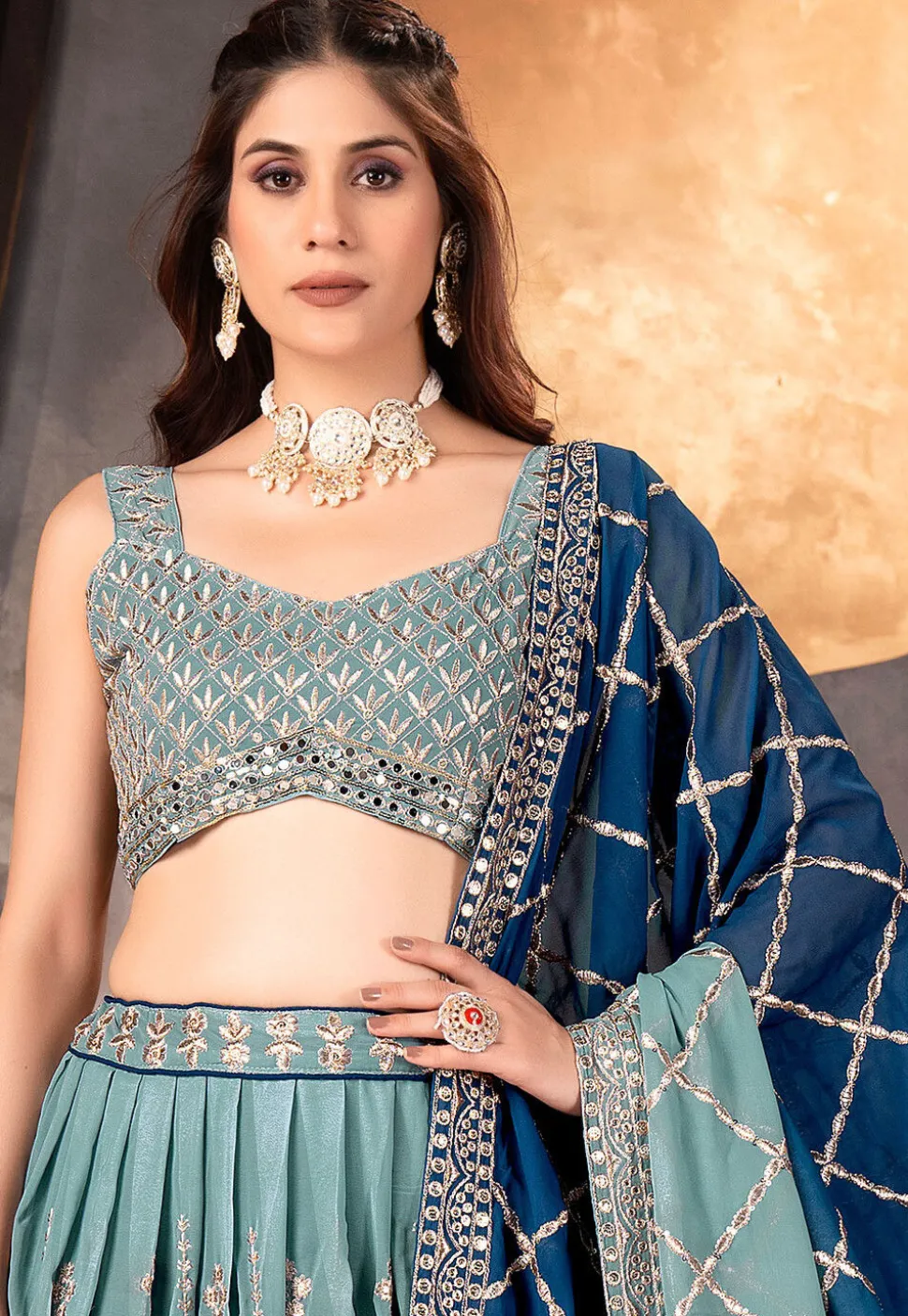 Embroidered Georgette Lehenga in Blue Ombre