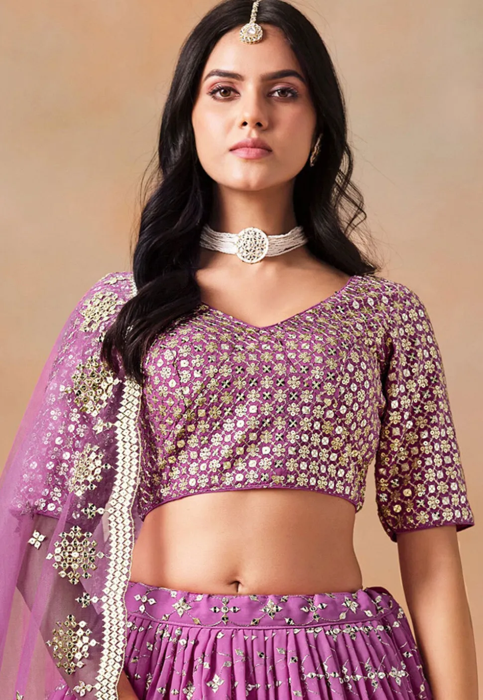 Embroidered Georgette Lehenga in Purple