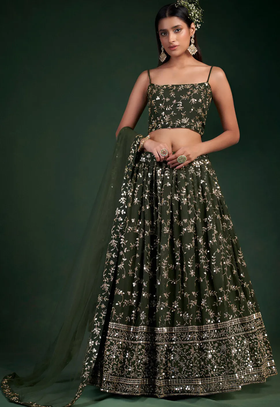 Embroidered Georgette Lehenga in Olive Green