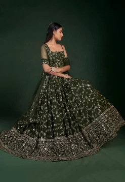 Embroidered Georgette Lehenga in Olive Green