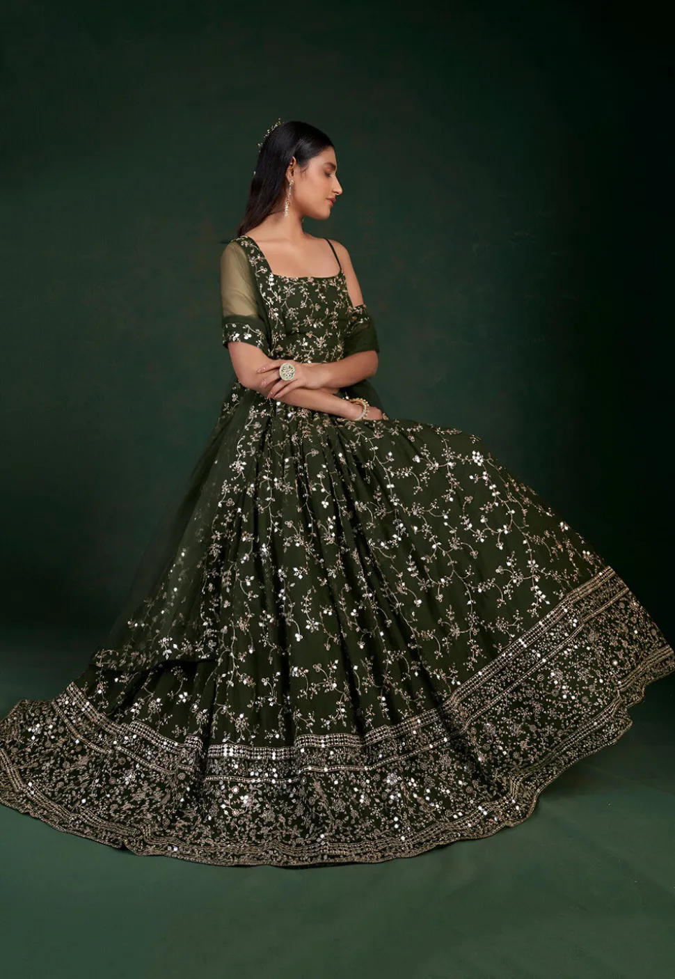 Embroidered Georgette Lehenga in Olive Green