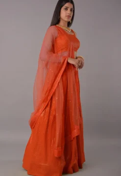 Embroidered Georgette Lehenga in Orange