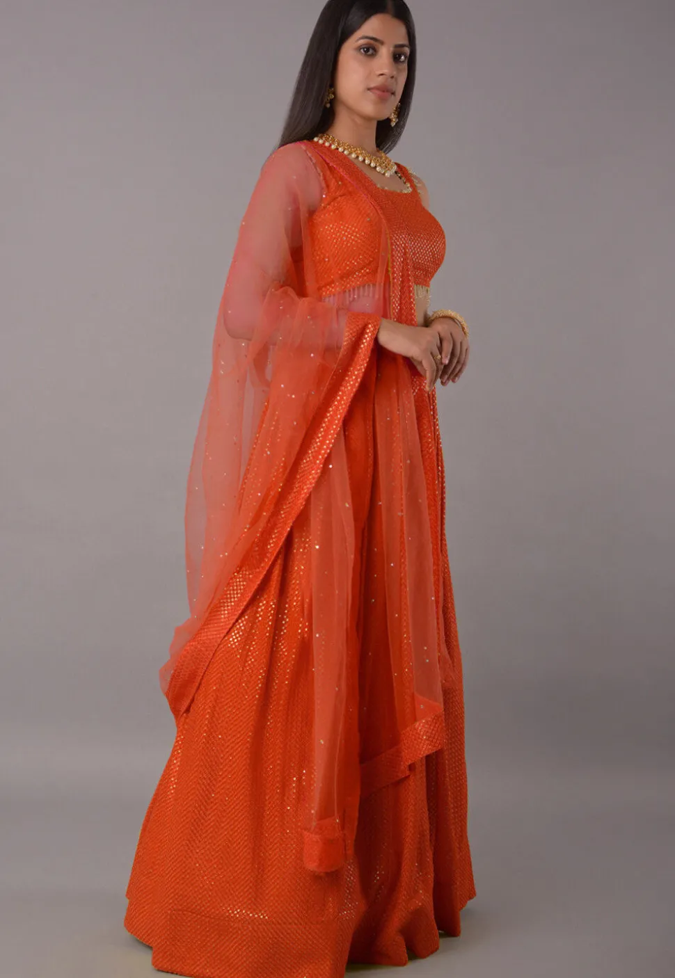 Embroidered Georgette Lehenga in Orange
