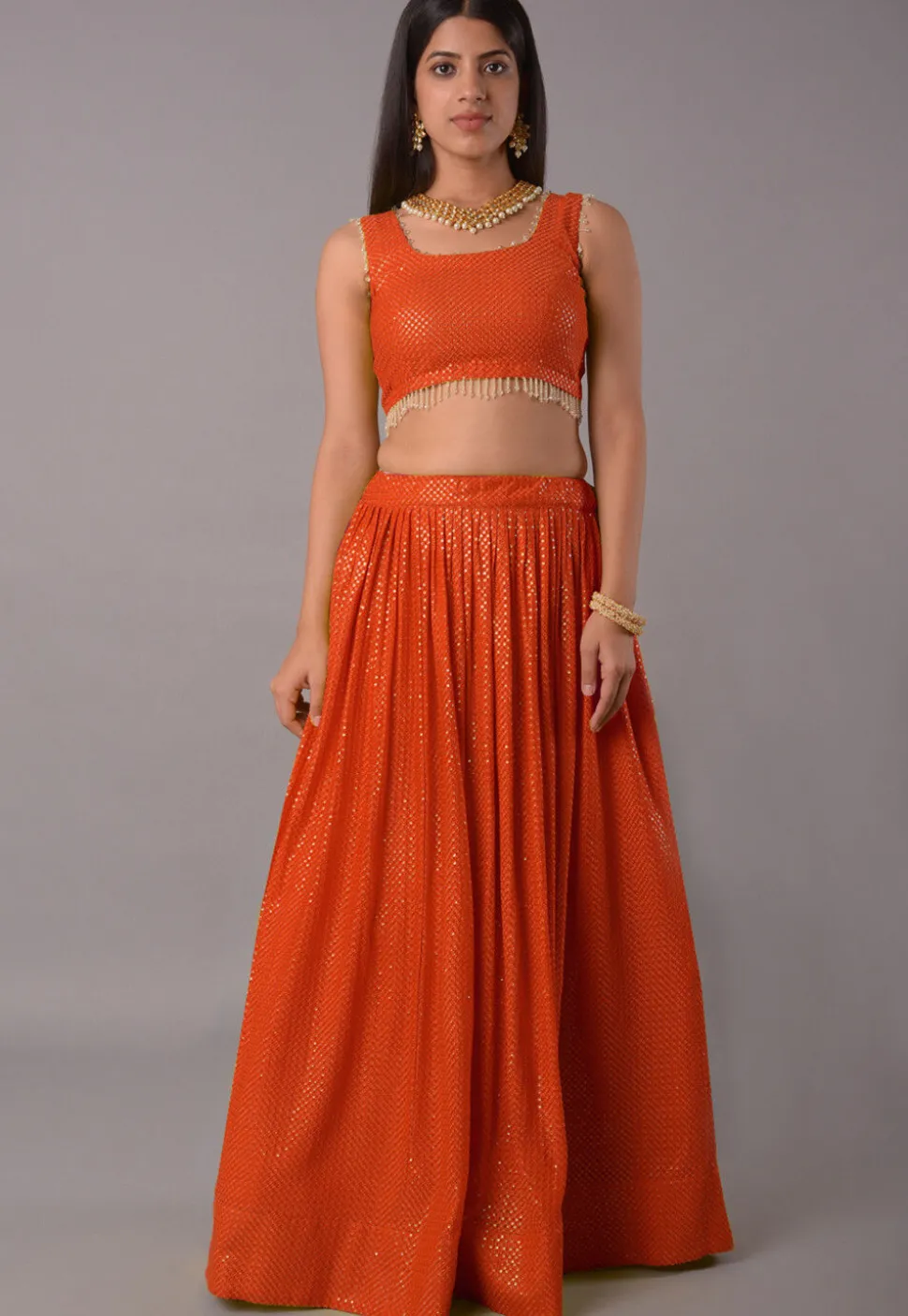 Embroidered Georgette Lehenga in Orange