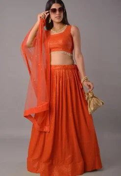 Embroidered Georgette Lehenga in Orange