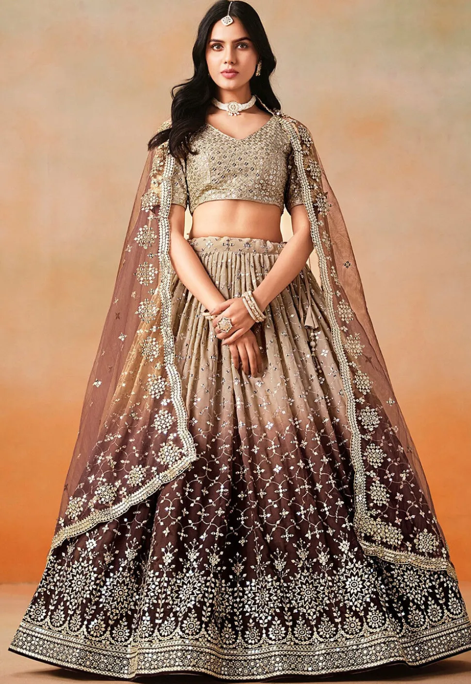 Embroidered Georgette Lehenga in Shaded Brown