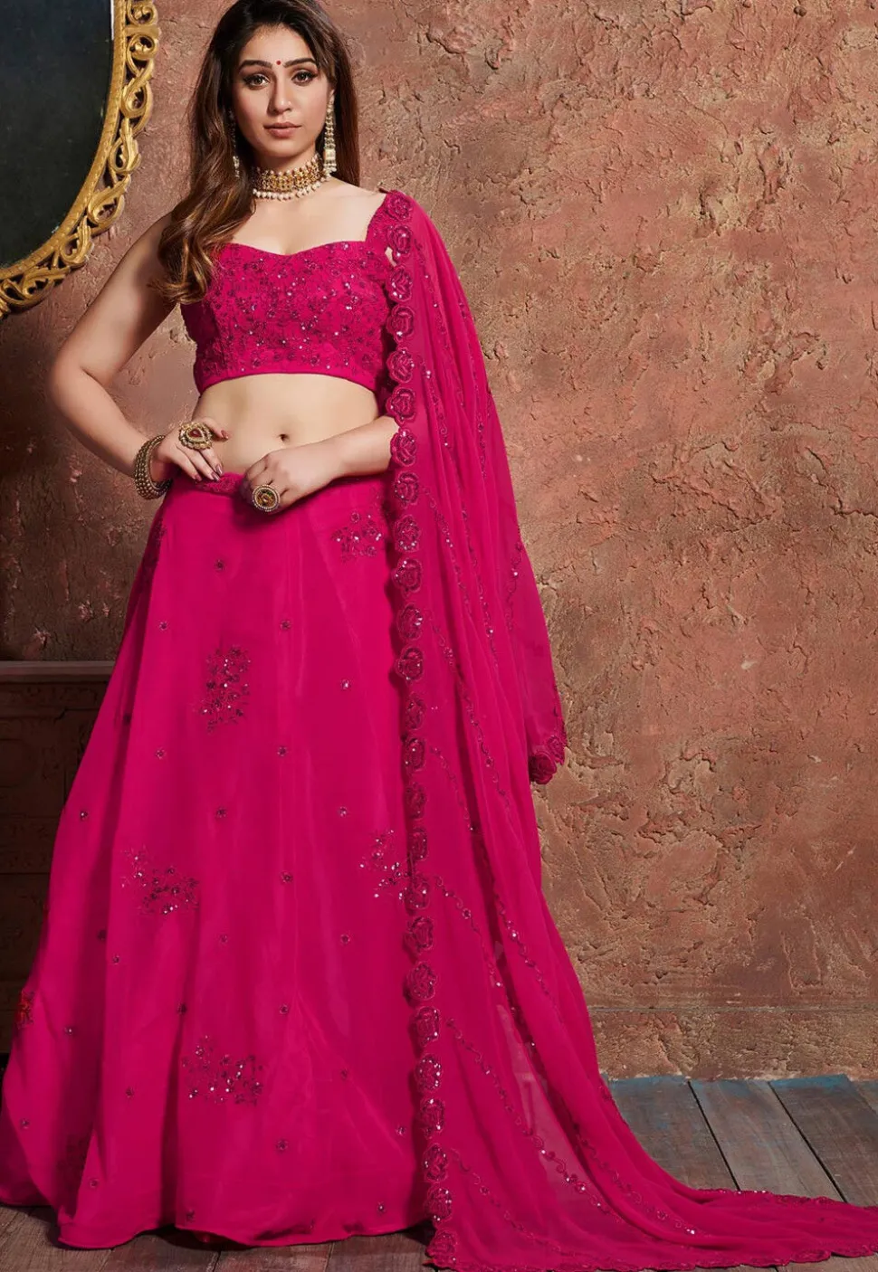 Embroidered Georgette Lehenga in Fuchsia