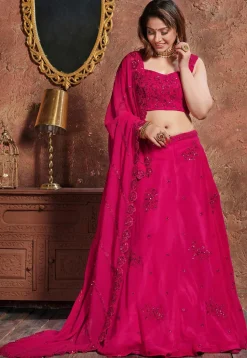 Embroidered Georgette Lehenga in Fuchsia