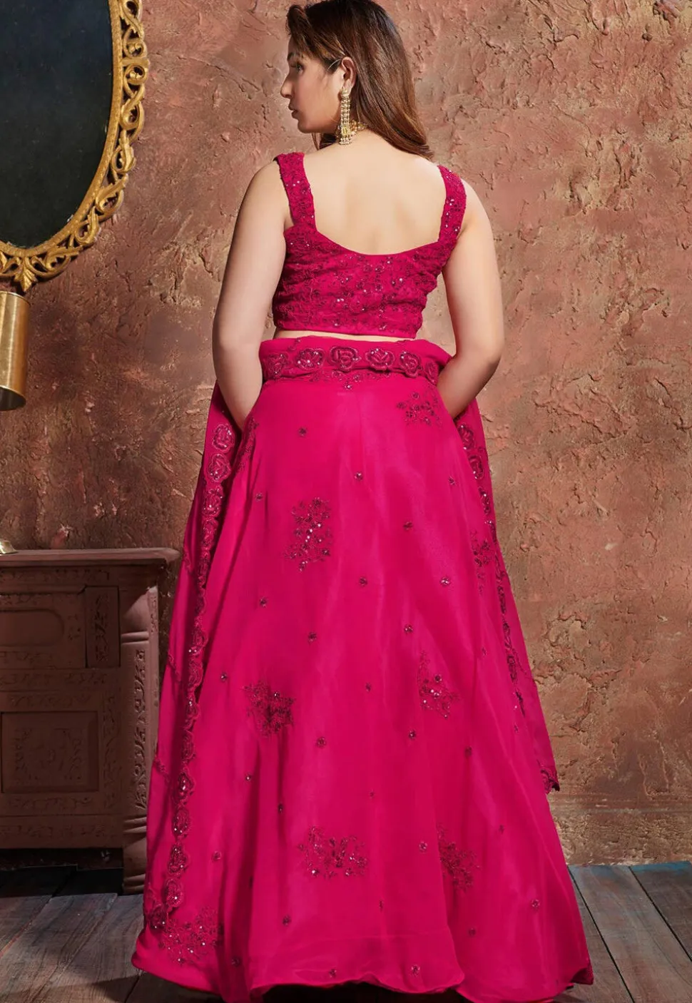 Embroidered Georgette Lehenga in Fuchsia