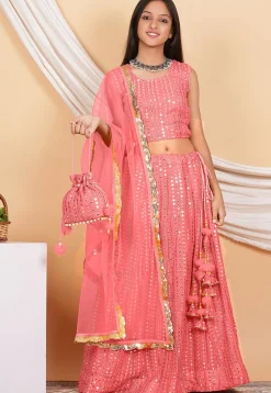Embroidered Georgette Lehenga in Peach