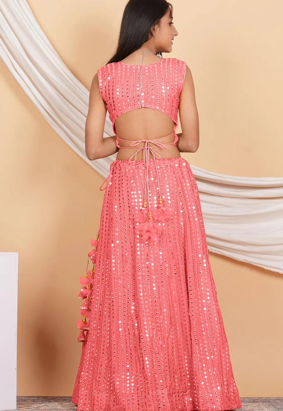 Embroidered Georgette Lehenga in Peach