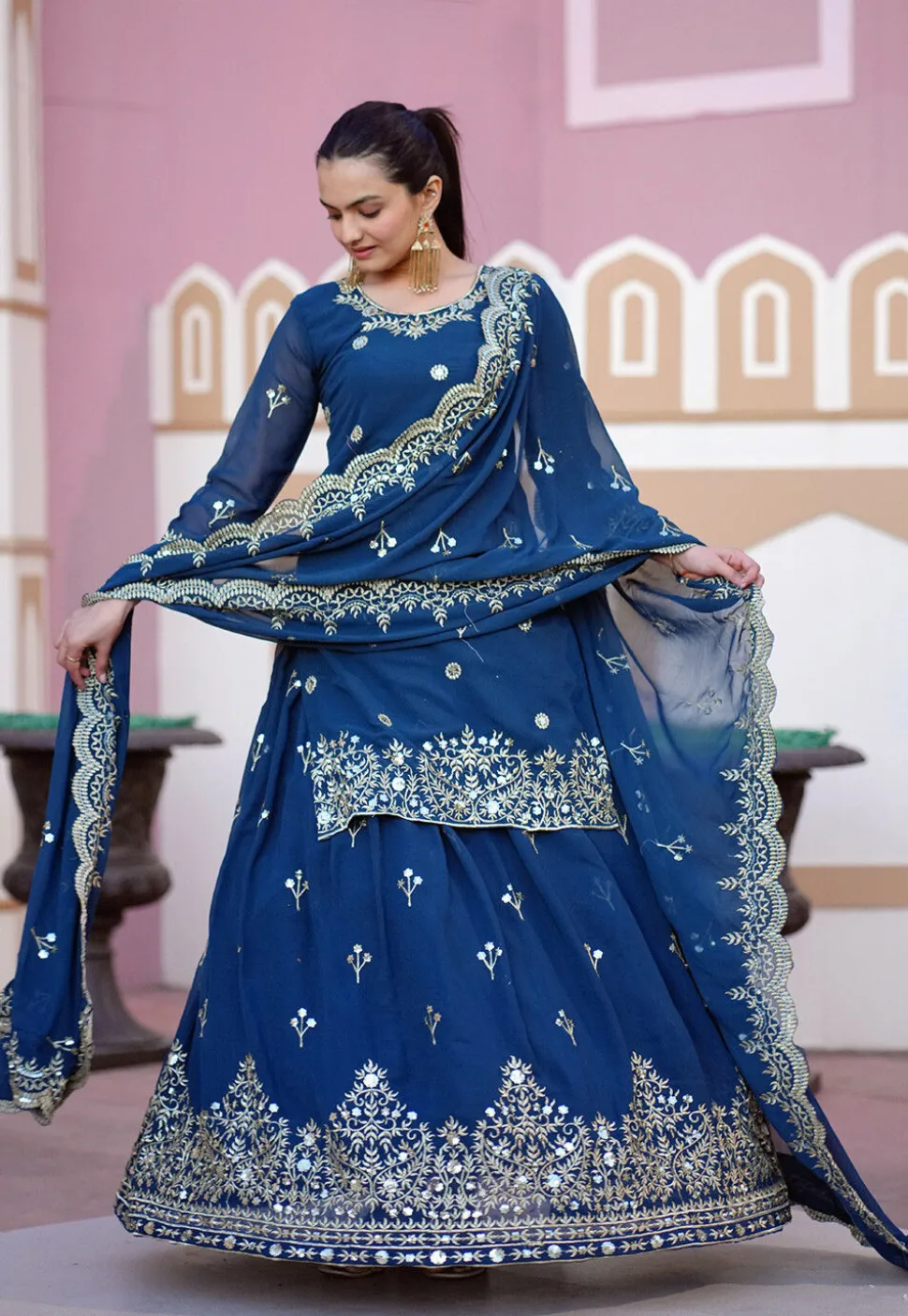 Embroidered Georgette Lehenga in Teal Blue