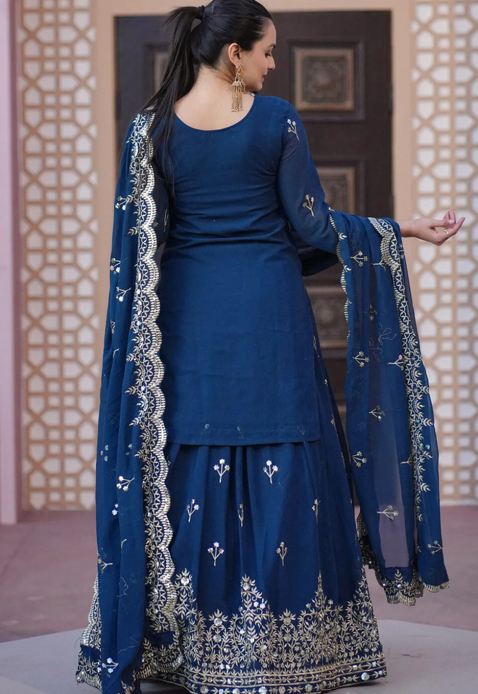 Embroidered Georgette Lehenga in Teal Blue