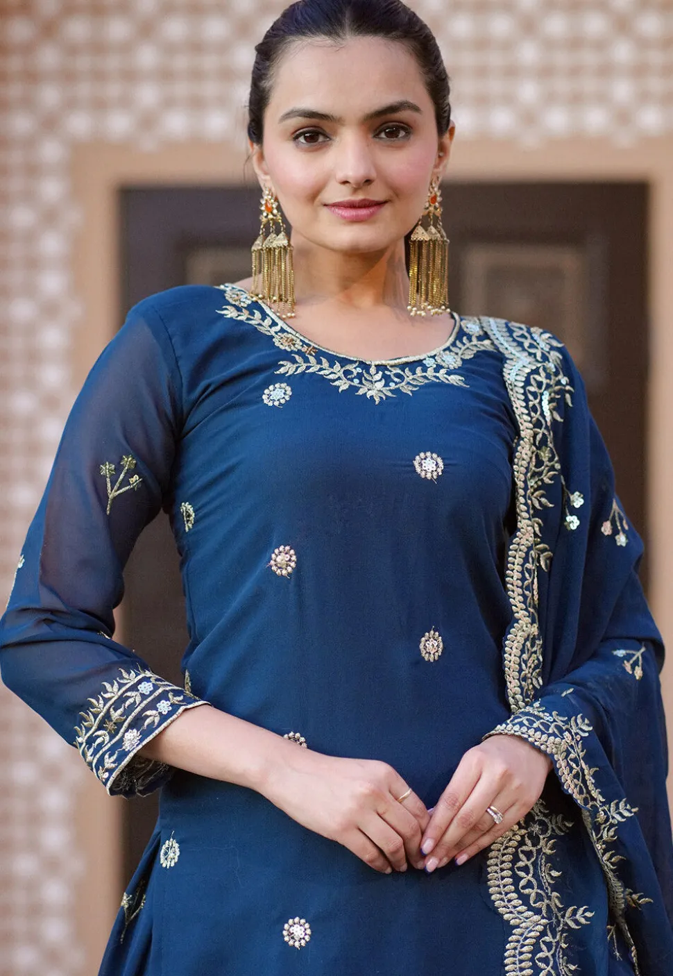 Embroidered Georgette Lehenga in Teal Blue