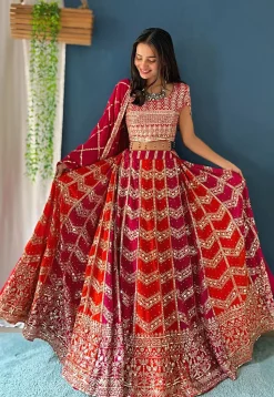 Embroidered Georgette Lehenga in Orange and Pink