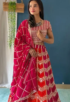 Embroidered Georgette Lehenga in Orange and Pink