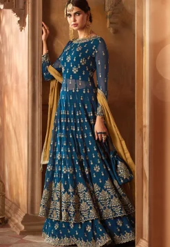 Embroidered Georgette Lehenga in Teal Blue