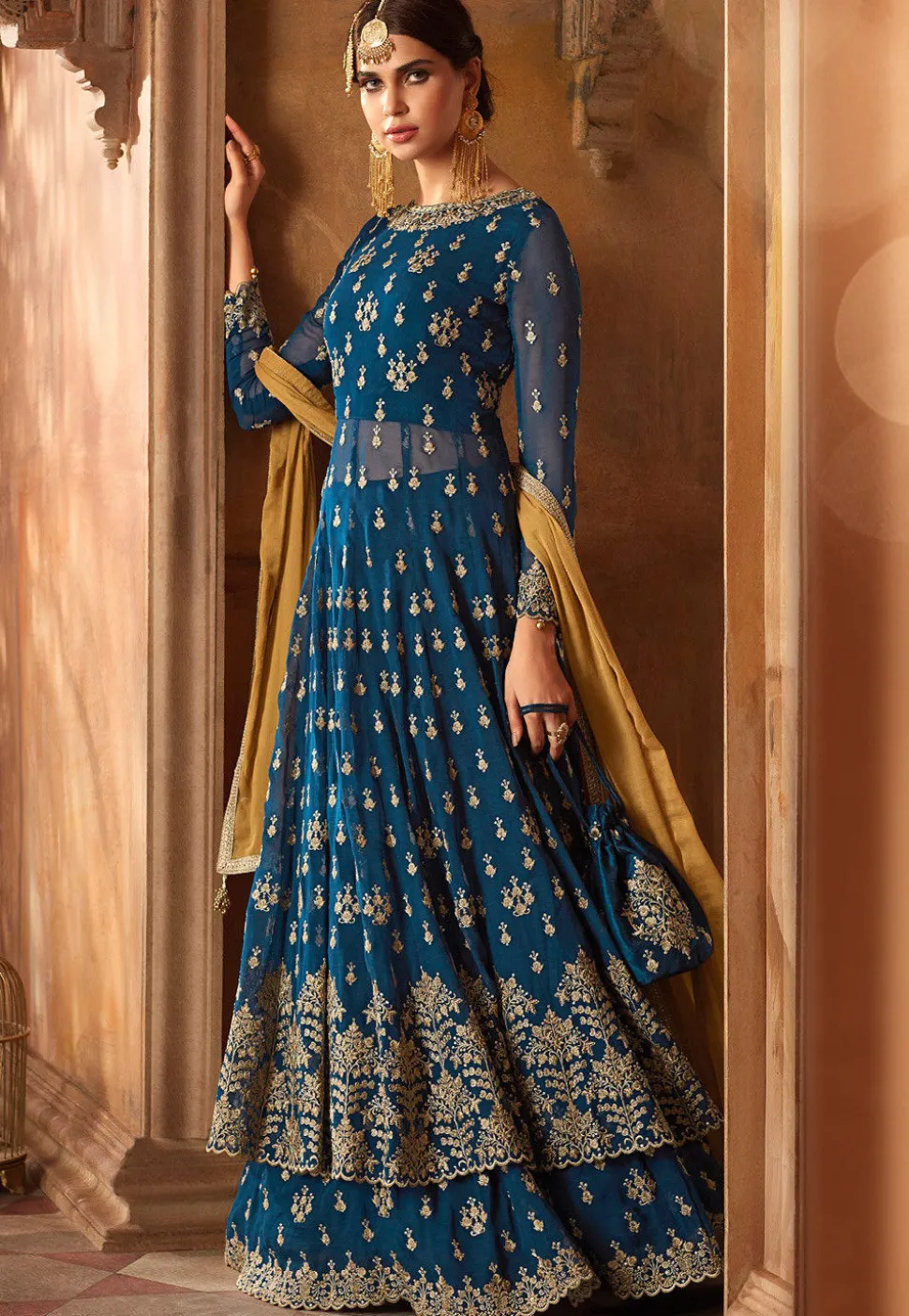 Embroidered Georgette Lehenga in Teal Blue