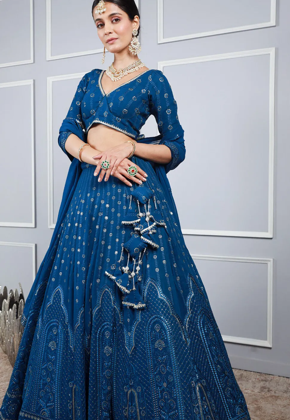 Embroidered Georgette Lehenga in Blue