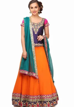 Embroidered Georgette Lehenga in Orange