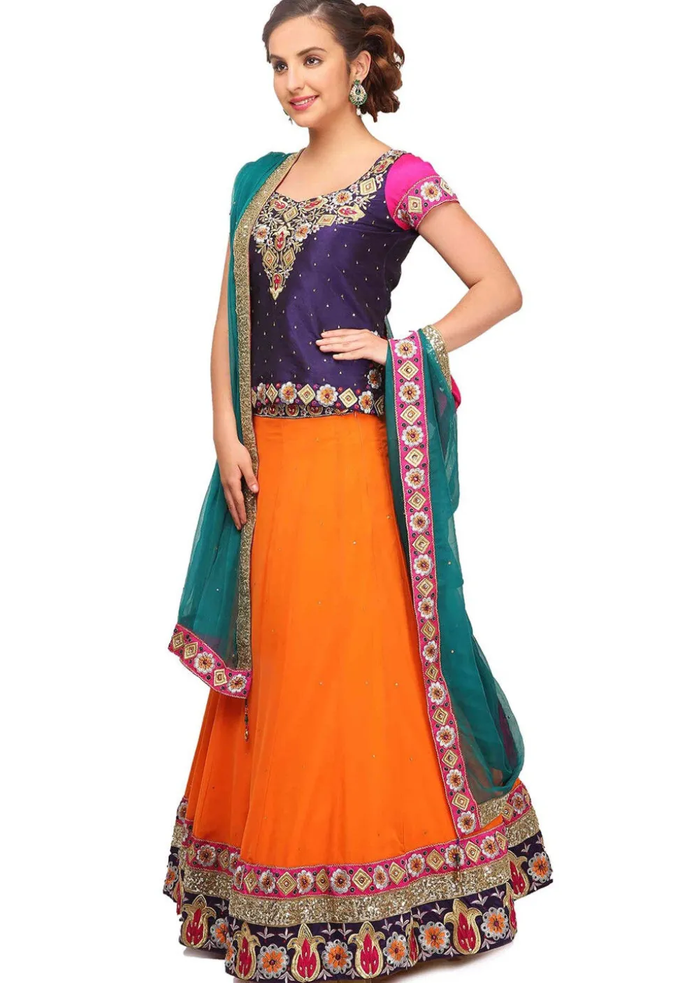 Embroidered Georgette Lehenga in Orange