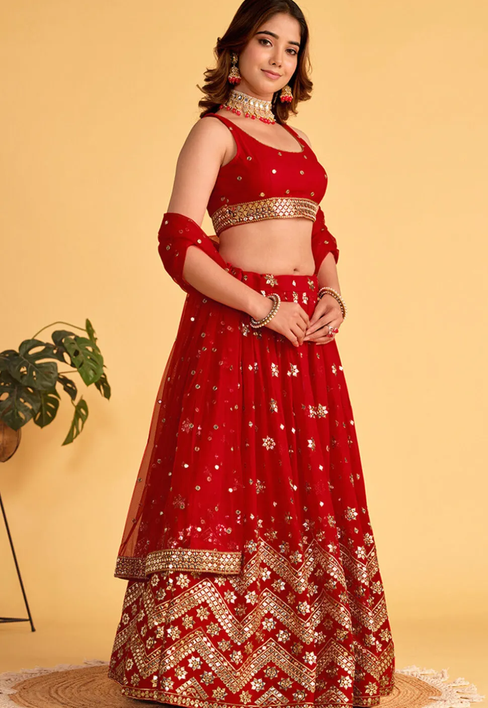 Embroidered Georgette Lehenga in Red