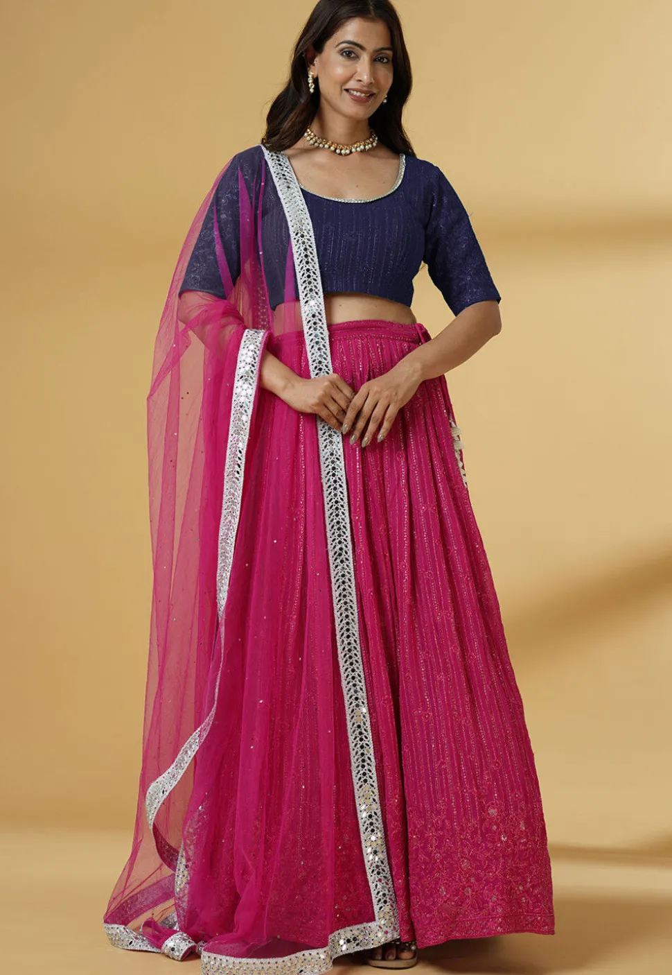 Embroidered Georgette Lehenga in Pink