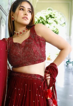 Embroidered Georgette Lehenga in Maroon