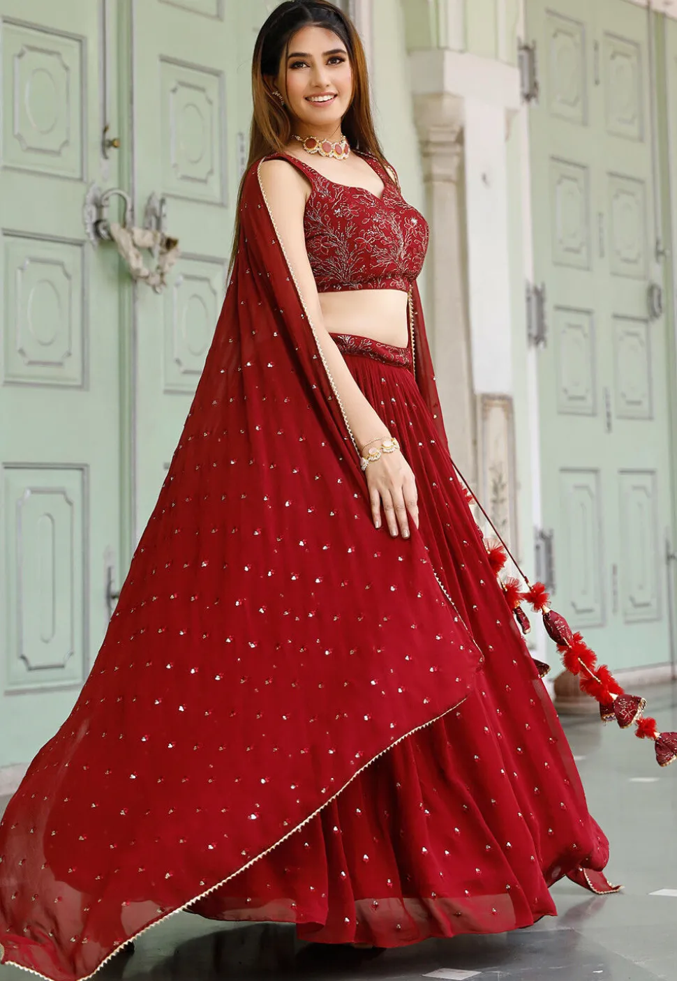 Embroidered Georgette Lehenga in Maroon