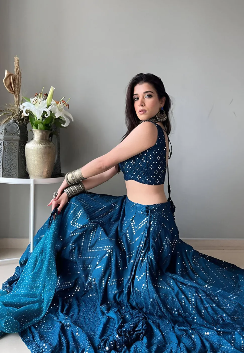 Embroidered Georgette Lehenga in Teal Blue