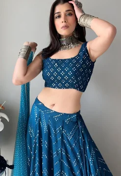 Embroidered Georgette Lehenga in Teal Blue
