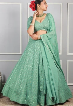 Embroidered Georgette Lehenga in Dusty Green