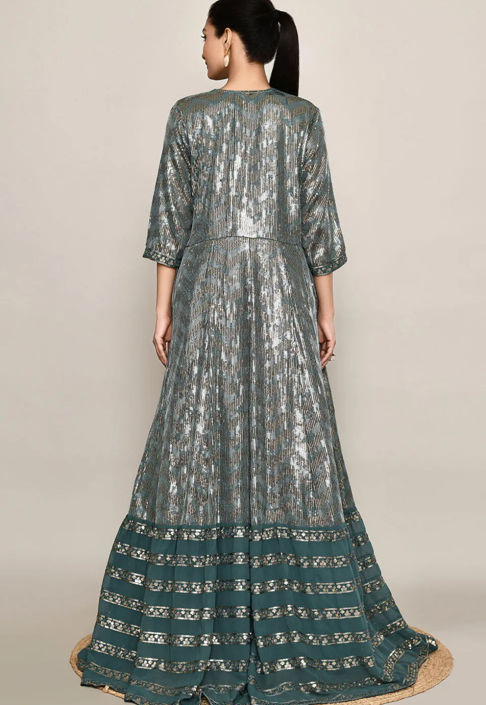 Embroidered Georgette Lehenga in Dark Teal Green