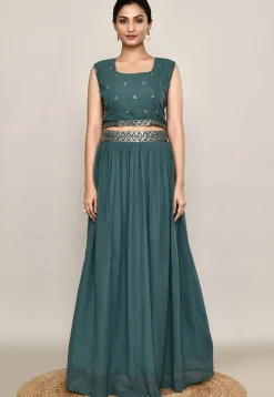 Embroidered Georgette Lehenga in Dark Teal Green