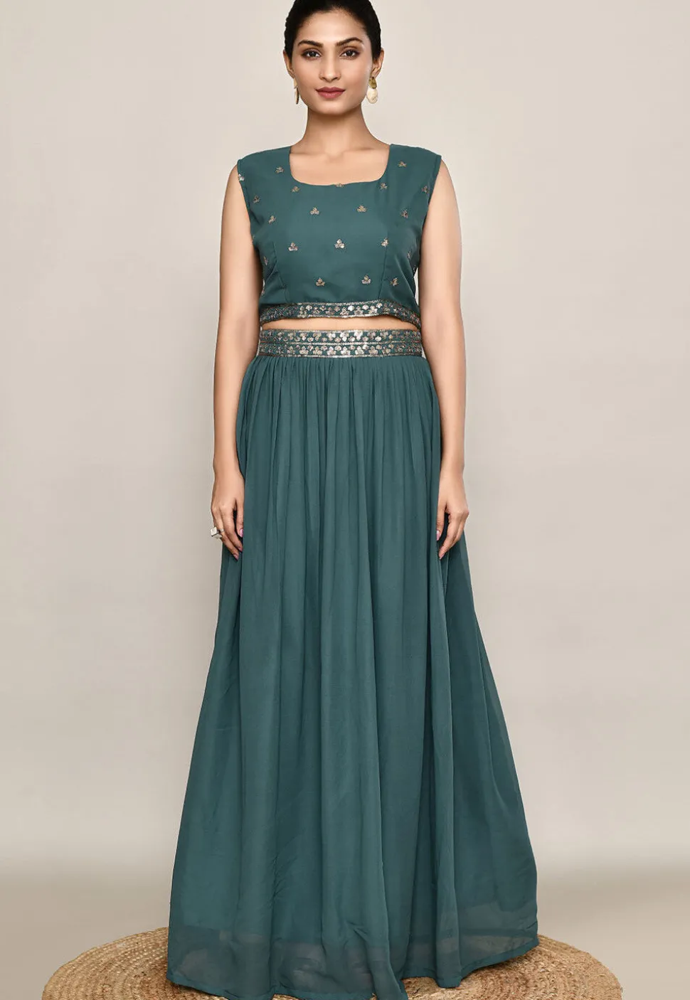 Embroidered Georgette Lehenga in Dark Teal Green
