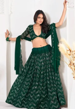 Embroidered Georgette Lehenga in Dark Green