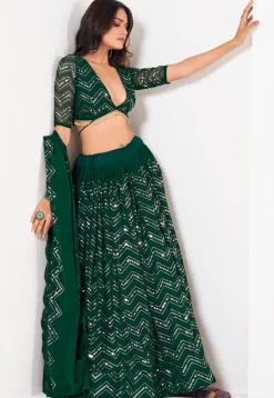 Embroidered Georgette Lehenga in Dark Green