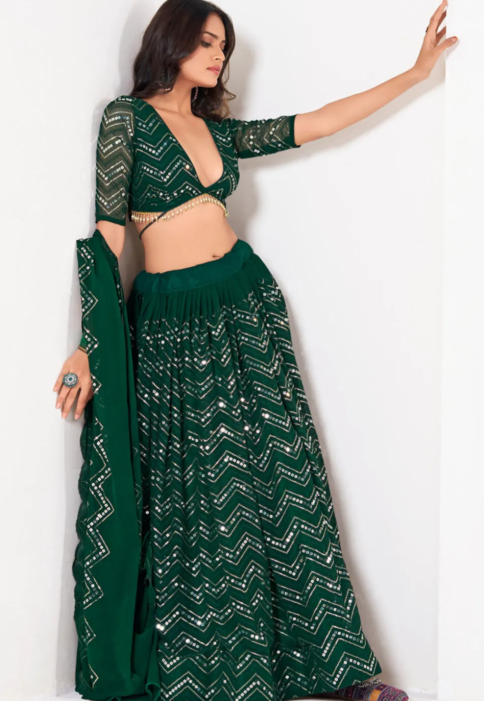Embroidered Georgette Lehenga in Dark Green