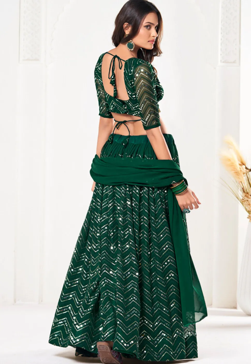 Embroidered Georgette Lehenga in Dark Green